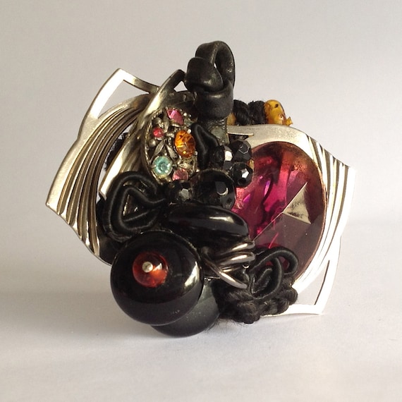 Steampunk Brooch, Greenwich Village Art Pin, Upcycled Jewelry 1980's NY village