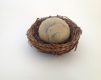Beach Stone Art: Petroglyph 'Grimace' Granite Rock with Vine Nest