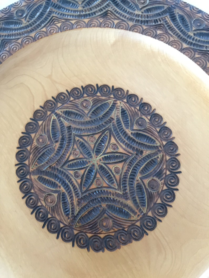 Hand Carved Brass Inlay Linwood Polish Highlander Plate With Folk Art