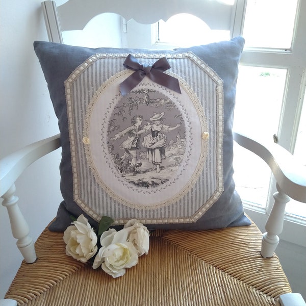 COUSSIN CAMPAGNE CHIC  , toile de jouy Colin-Maillard, harmonie de gris et blanc