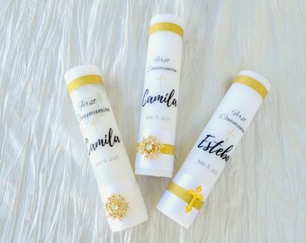 Personalized First Communion Candle: Gold Accents, Religious Gift