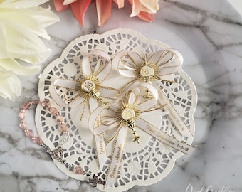 Personalized First Communion Favor Ribbons: Gold Trim Satin