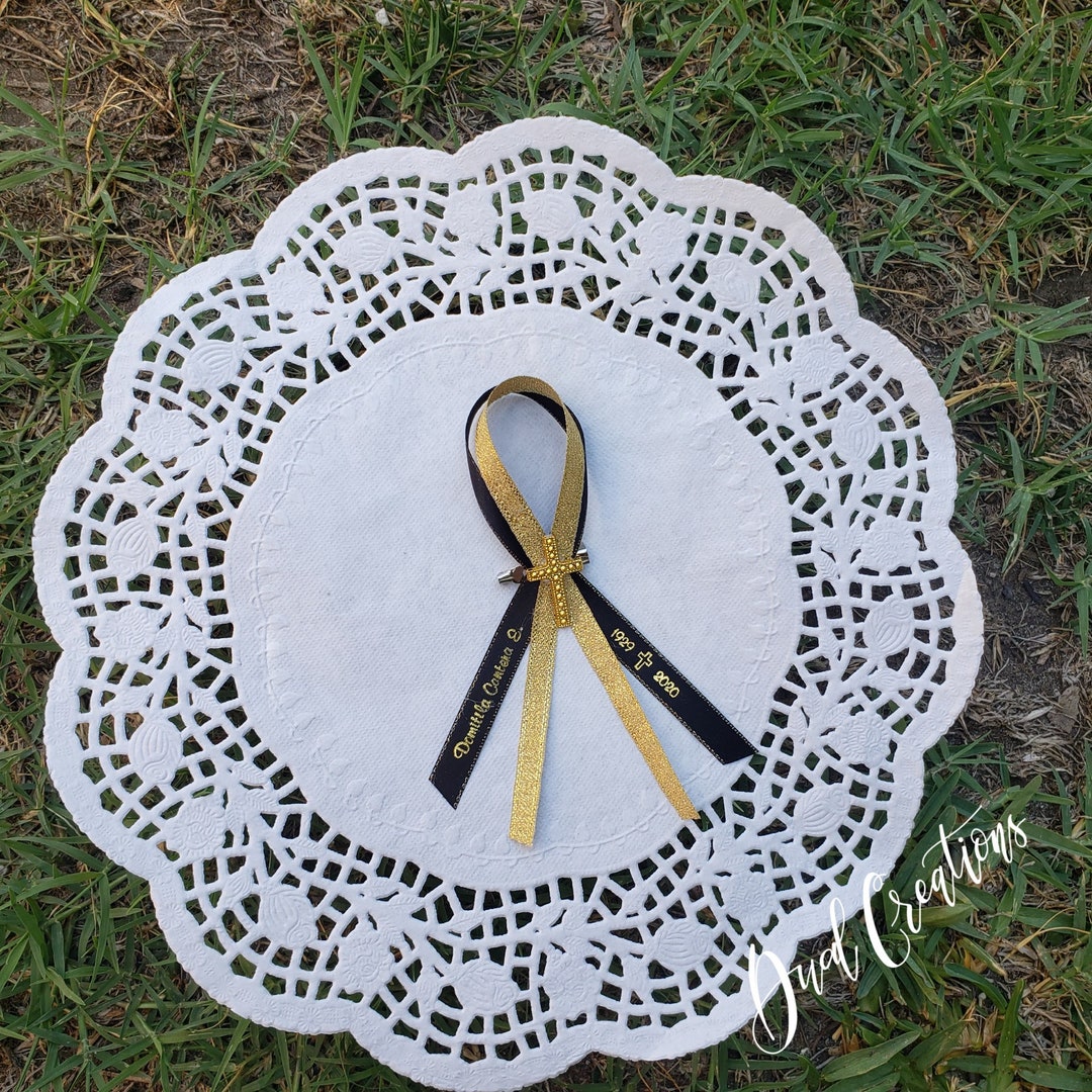 Cross Funeral Personalized Ribbon Pins/capias/customized Ribbon/baptism/personalized Favor