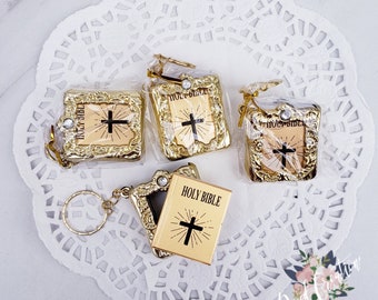 Holy Bible Keychain Favors: Gold, English/Spanish (12 Pieces)
