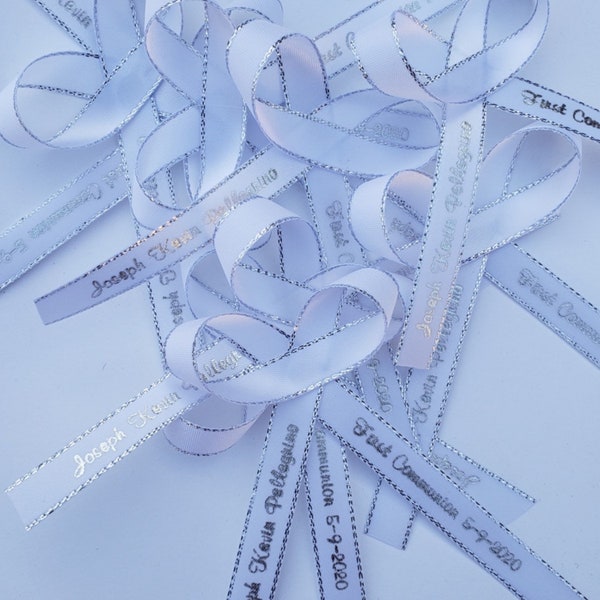 Personalized ribbons,First communion favor ribbons,silver edge,ribbons for favors,personalized satin bows,satin ribbon,printed ribbons