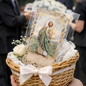 Set of 6 personalized Saint Jude Favors: Engraved Wood Frames, Rosary Gifts,funeral favors