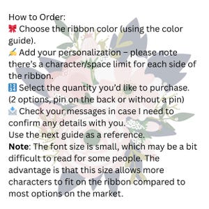 May include: Instructions for ordering a personalized ribbon, with floral accents. The text includes steps for choosing ribbon color, adding personalization, selecting quantity, and checking messages. Note: Font size is small.