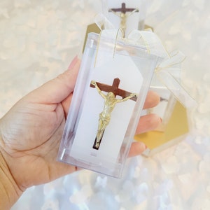 Personalized Memorial Candle Favor: Acrylic Box, Gold Crucifix, Celebration of Life