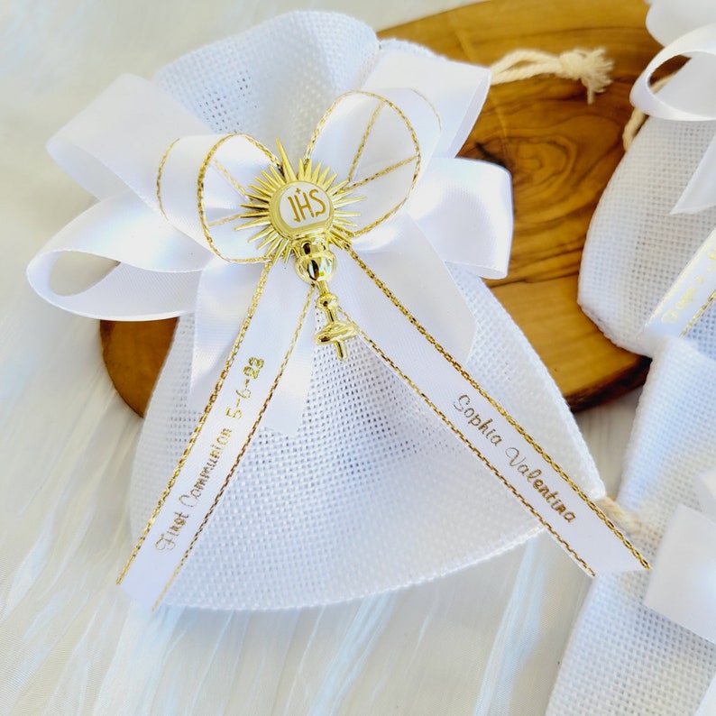 Personalized First Communion Favors: White Burlap Pouch With Gold ...