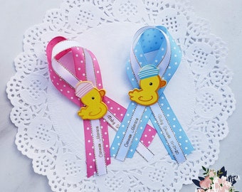 Baby shower pins,personalzed favor ribbons, baby shower corsage, baby shower guest pins