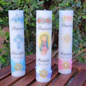 Personalized Baptism Candle: Satin Ribbon, Gold Accents