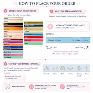 May include: A guide on how to order personalized ribbons, featuring a color chart with options like white, black, and red. Instructions include adding personalization and choosing symbols such as hearts or crosses.