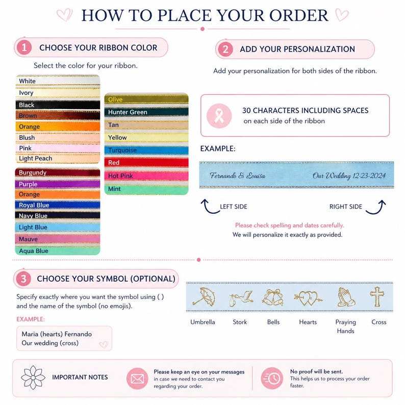 May include: A guide on how to order personalized ribbons, featuring a color chart with options like white, black, and red. Instructions include adding personalization and choosing symbols such as hearts or crosses.