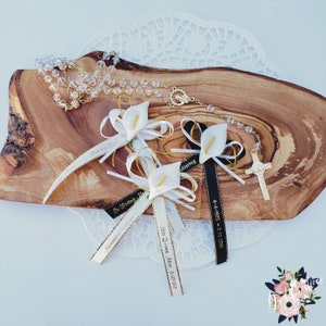 Personalized Memorial Favor Ribbons: Calla Lily, Gold Trim