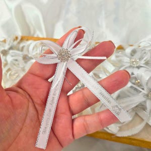 Personalized Silver Edge Ribbon: Baptism, Wedding Favor Ribbons, small favor bows for any celebration