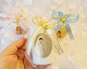 Baptism party favor with personalized ribbons,boys baptism favors,girls baptism favors,virgin guadalupe party favors,handmade candle