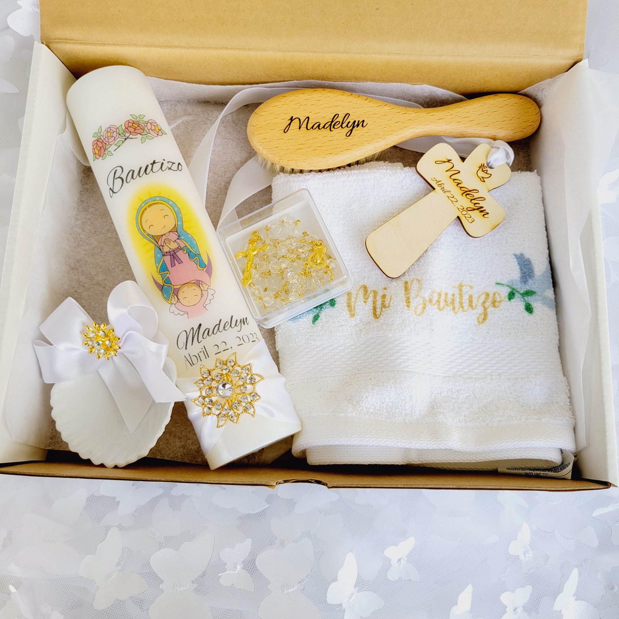 Baptism candle set, personalized, Spanish or English, Lady of Guadalupe, catholic baptism, handmade