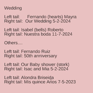 May include: A light pink background with text related to weddings, anniversaries, and baby showers. The text includes names, dates, and event descriptions such as "Our Wedding," "50th anniversary," and "Our Baby shower."