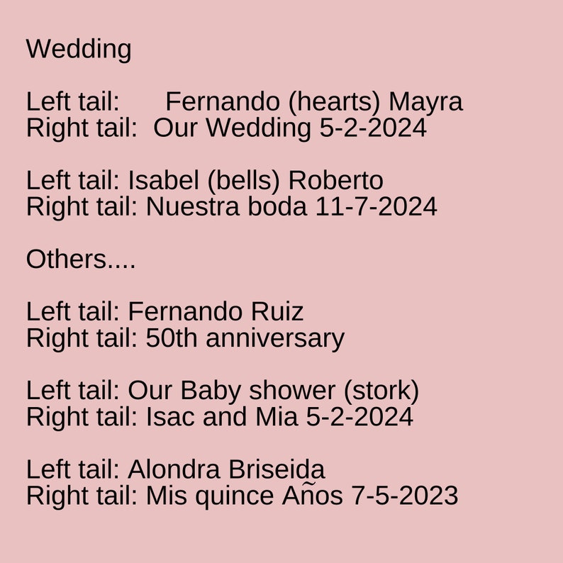 May include: A light pink background with text related to weddings, anniversaries, and baby showers. The text includes names, dates, and event descriptions such as "Our Wedding," "50th anniversary," and "Our Baby shower."