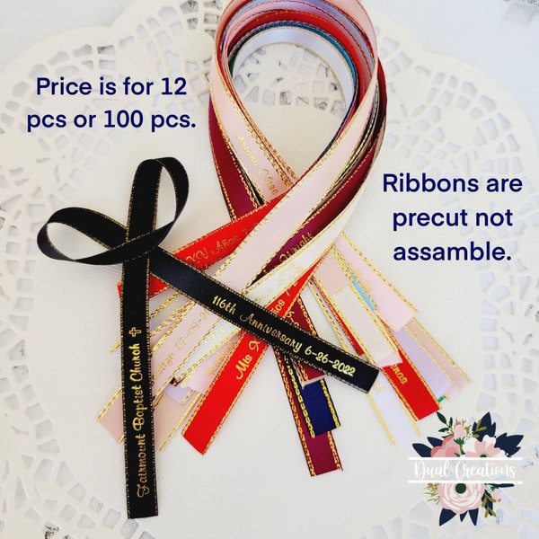 Personalized satin ribbon, available in 25 colors, party favor ribbons, gold edge, gold font, only one fontstyle