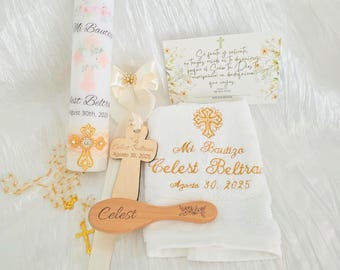 Personalisiertes Geschenk-Set zur Taufe: Kreuz blush und ivory Kerze, besticktes Handtuch & Erinnerungsstücke, Patengeschenke