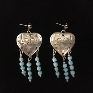 Vintage Silver Heart w/Turquoise Bead Earrings Gn2 image 1