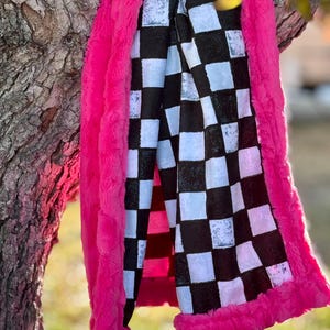 Checkered Flag Printed Minky on  Hot Pink Luxe Cuddle Minky Baby Blanket 1-1/4 yards