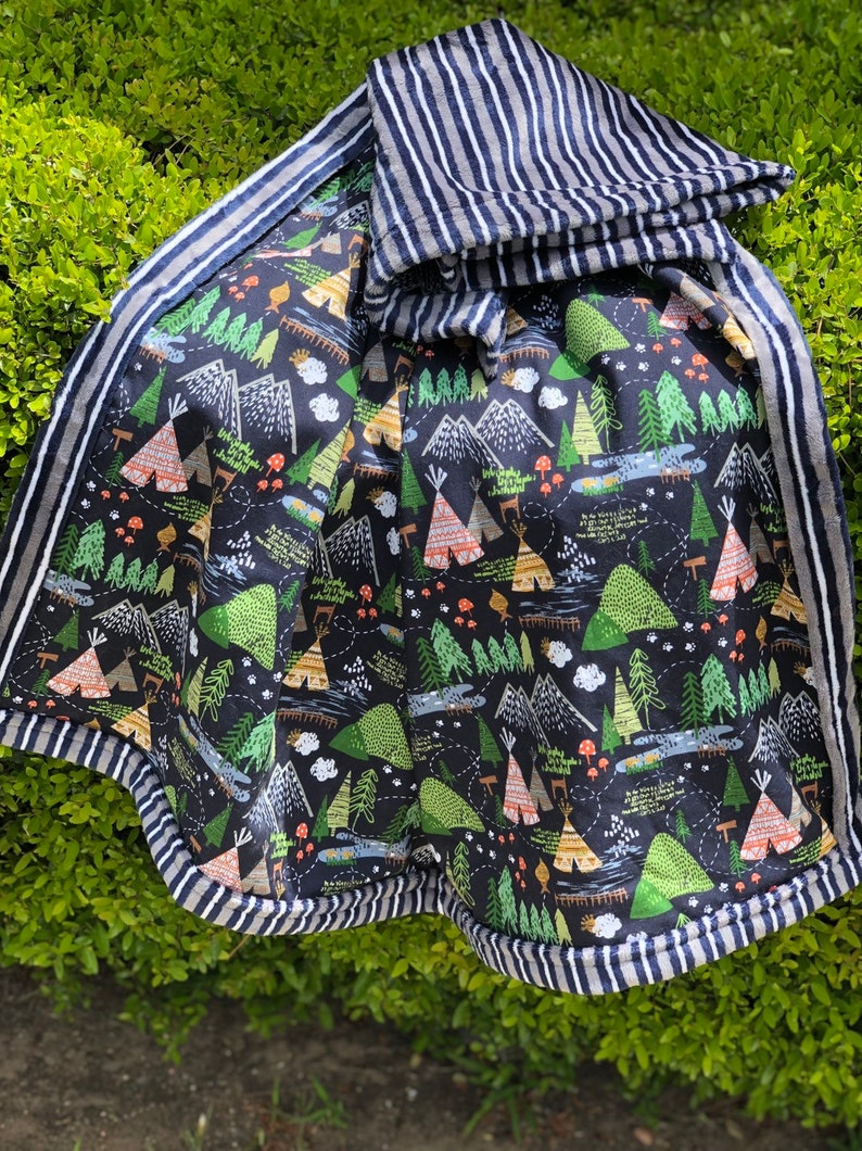 Woodland Camping on Gray and Navy Striped Minky Baby Blanket 1-14 yards