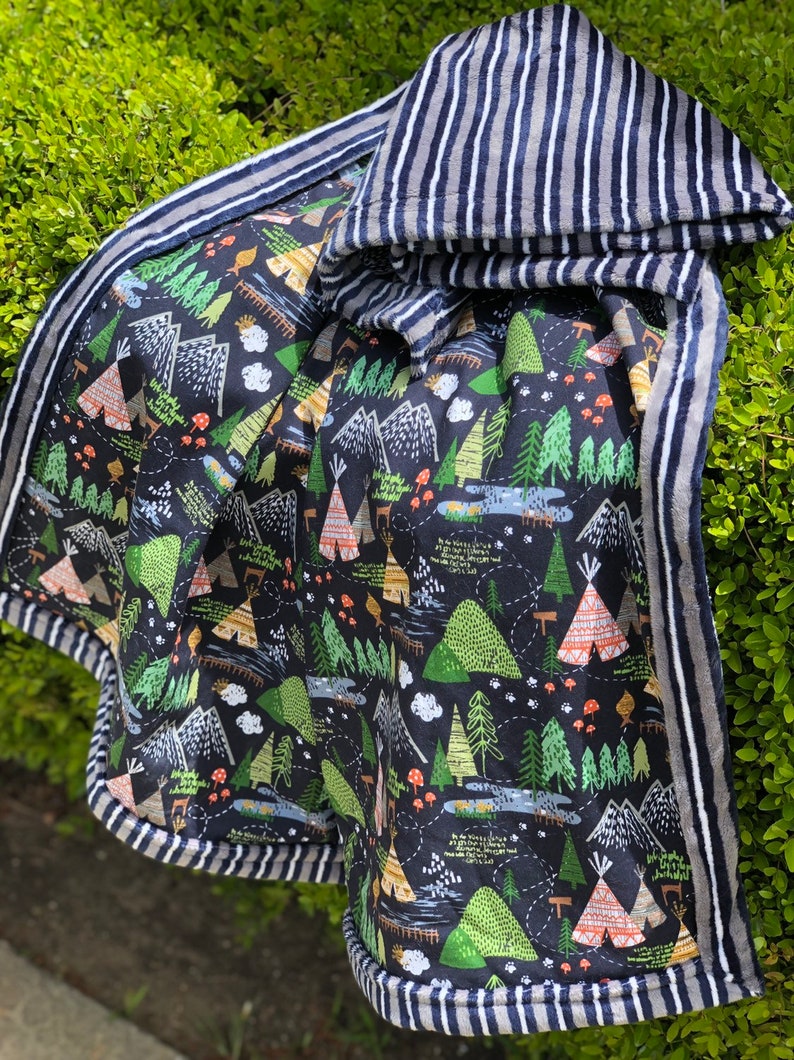 Woodland Camping on Gray and Navy Striped Minky Baby Blanket 1-14 yards