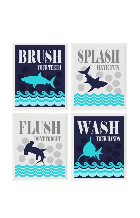 Shark Bathroom Wall Art Kids Bathroom Wash Flush Brush Splash