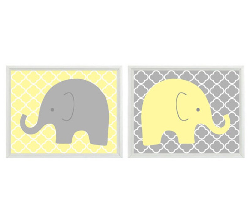 Elephant Nursery Wall Art Yellow Gray Decor Quatrefoil Etsy