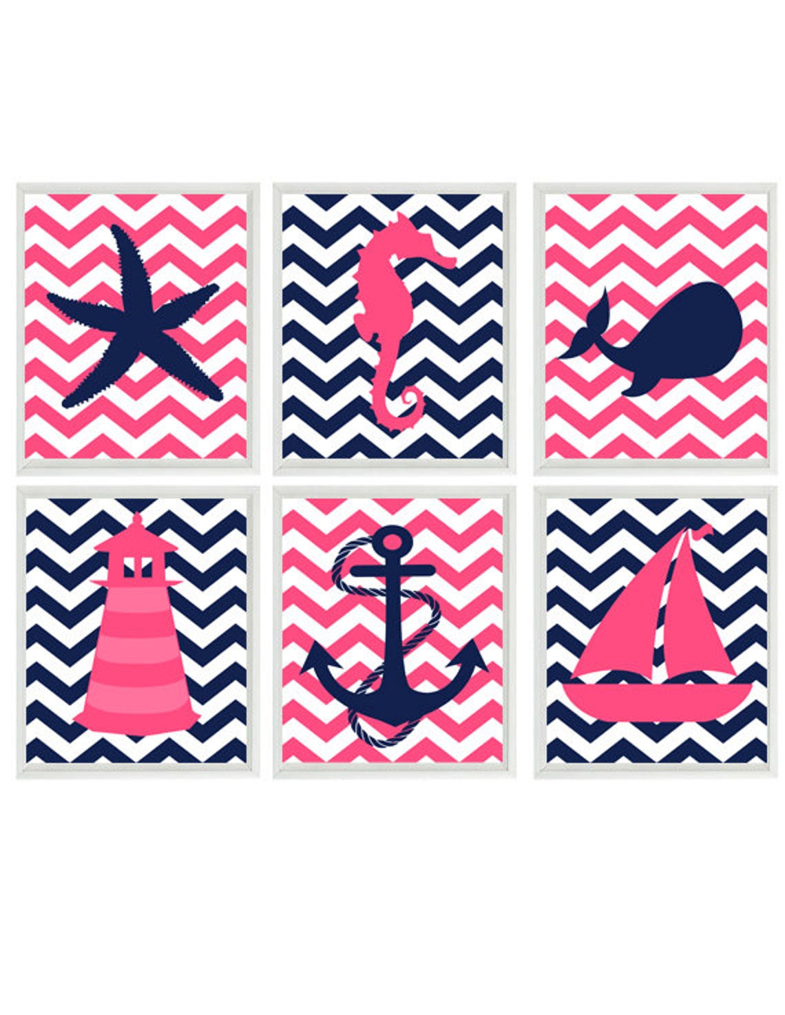 Baby Girl Nautical Nursery Art Navy Blue Pink Decor Whale Etsy