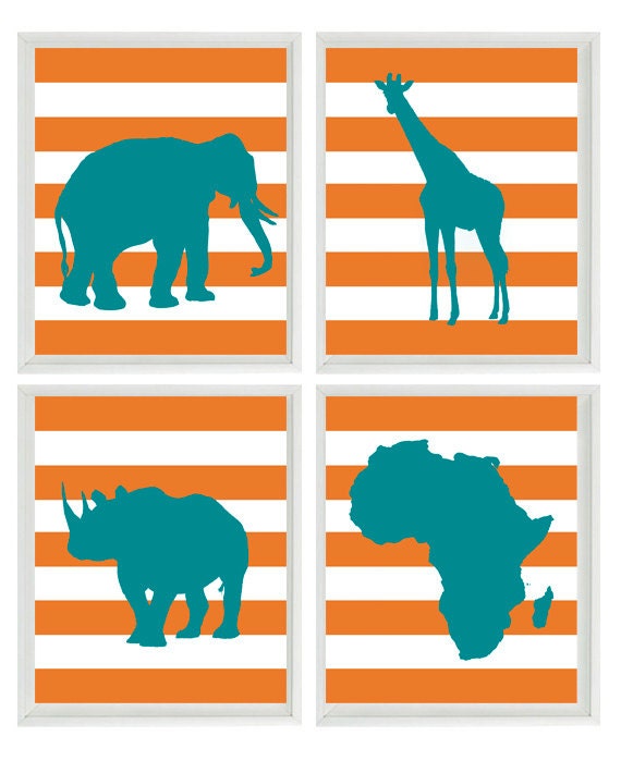 Safari Nursery Wall Art Prints Teal Orange Africa Giraffe Etsy