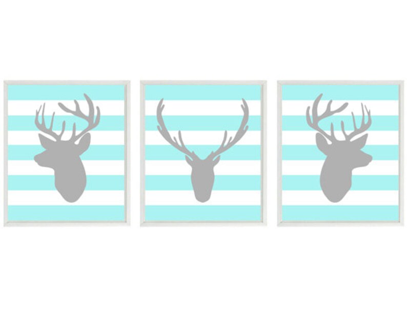 Deer Nursery Art Boy Wall Art Gray Aqua Decor Stripes Etsy