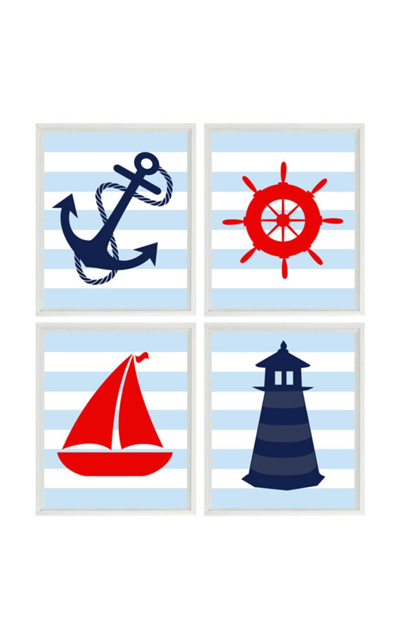 Nautical Nursery Wall Art Baby Boy Nursery Red Navy Light Etsy