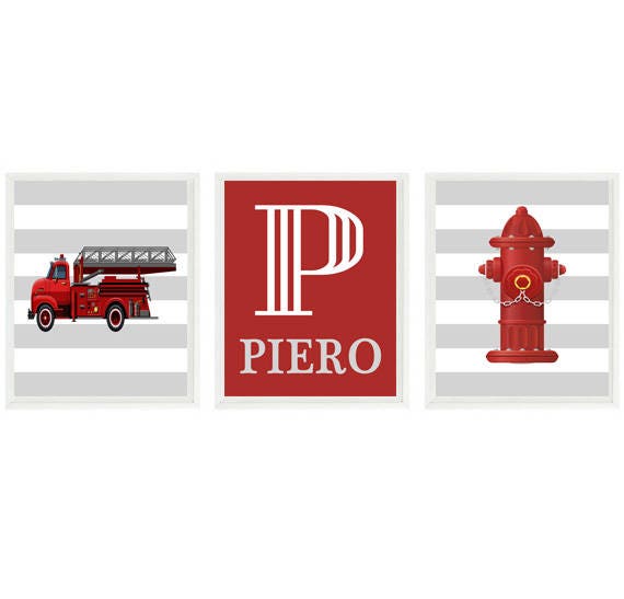 Vintage Fire Truck Art Baby Boy Nursery Hydrant
