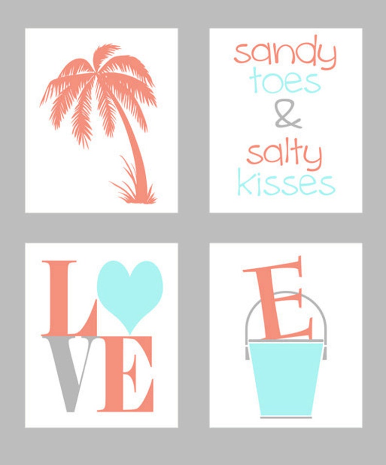 Beach Nursery Art Print Set Aqua Coral Palm Tree Beach Etsy