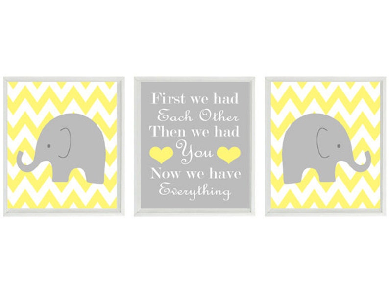 Elephant Nursery Art Print Set Chevron Yellow Gray Decor Etsy