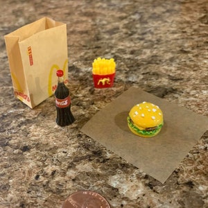 ELF PROPS Hamburger french fries cola soda bottle mini miniature dollhouse food drink elf prop McDonalds bag