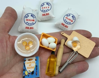 Elf Baking Prop Set: Miniature Flour, Eggs, Cutting Board