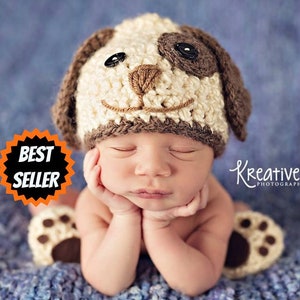 Baby Boy Hat DISCONTINUED PUPPY LUV Newborn Crochet Doggy Hat and Paws Booties Dog Hat Slippers photo prop outfit set photography hospital image 1