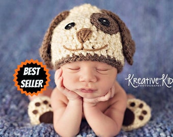Crochet Baby Boy Hat PUPPY Newborn handmade with bootie option