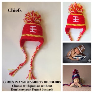 Kansas City Chiefs Baby Boy Hat FOOTBALL Newborn Baby girl Crochet With Ear Flaps 0 3 6 12 months Steelers Browns photo prop Saints Bills