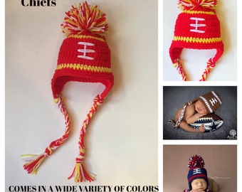 Kansas City Chiefs Baby Boy Hat FOOTBALL Newborn Baby girl Crochet With Ear Flaps 0 3 6 12 months Steelers Browns photo prop Saints Bills