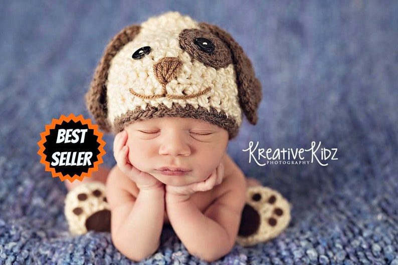 0 3 6 9 months Baby Boy Hat PUPPY LUV Newborn Baby Boy Crochet Doggy Hat and Paws Booties Dog Hat Slippers Doggy outfit set Costume 