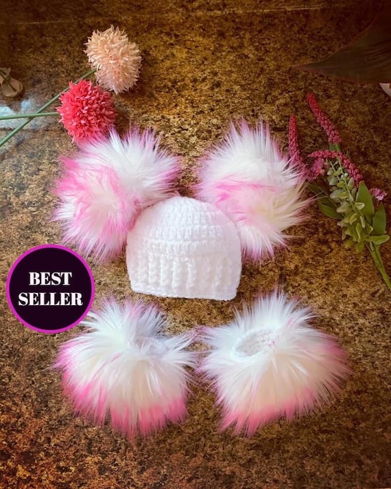 Crochet Handmade Faux Fur Pom Pom Baby Hat and or Booties Set