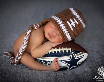 Crochet Football Baby Hat with Ear Flaps: Newborn Photo Prop