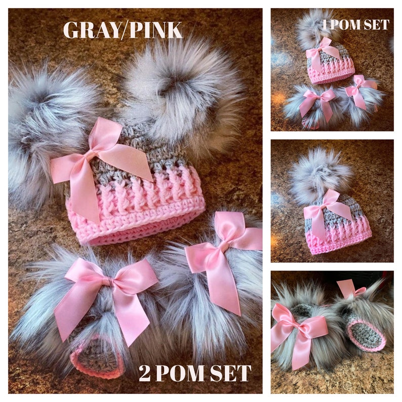 Baby Girl Hat Faux Fur Booties Boots Socks Newborn Crochet Double Pom Pom Hat Infant Shoes Slippers Furry Uggs 0 3 6 9 12 months gift set 