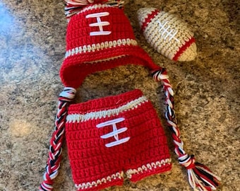 49ers Crochet Baby Hat with Ear Flaps, Football Photo Prop