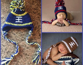 Michigan University Baby Boy Hat FOOTBALL Newborn Baby GIRL Crochet Football Hat With Ear Flaps 0 3 6 12 months Steelers Patriots Ohio State